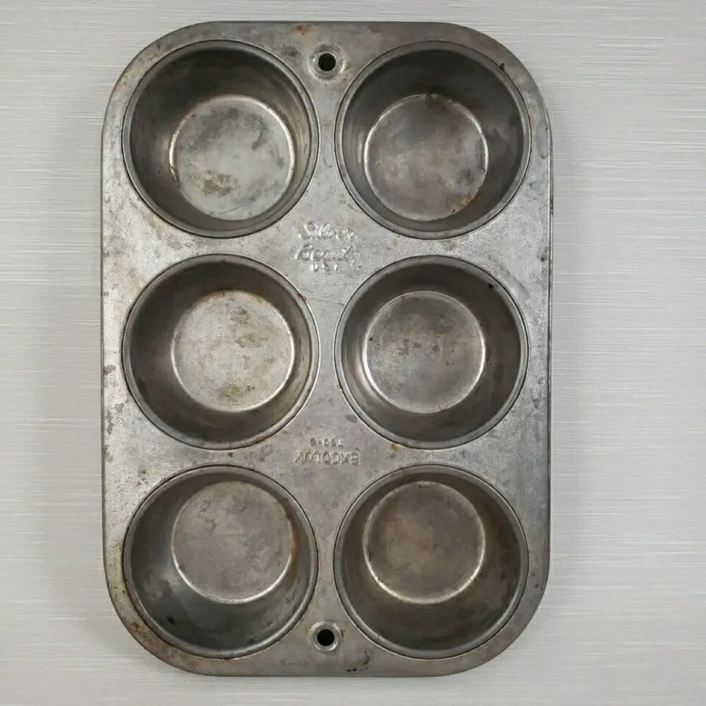 Ekcology T60.6 Silver Beauty Muffin Tin 6 Cups VTG USA Bakeware Primitive MCM